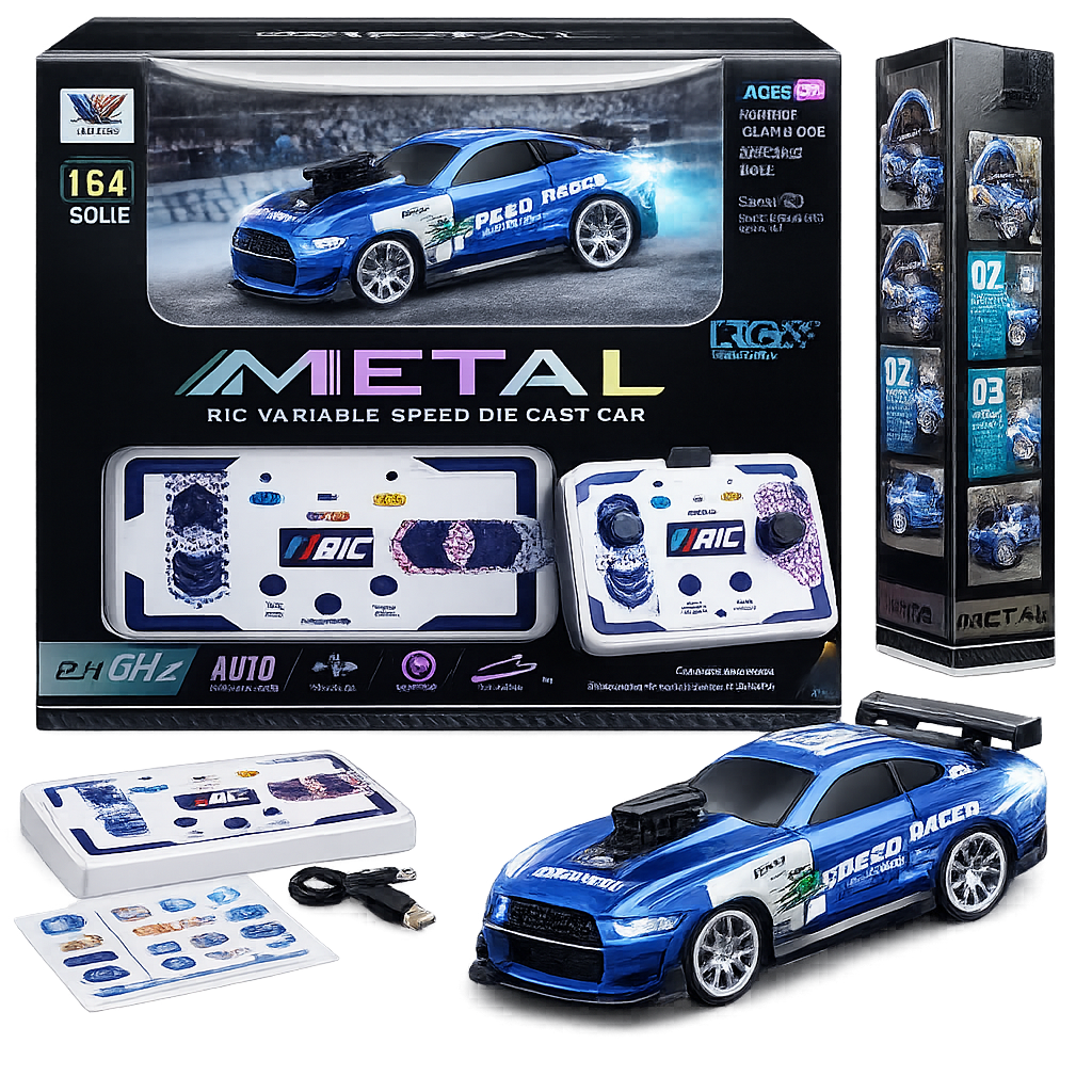 METAL RC Variable Speed Die-Cast Car (1:64 Scale) – 2.4GHz Remote Control Car with Lights & Auto Mode