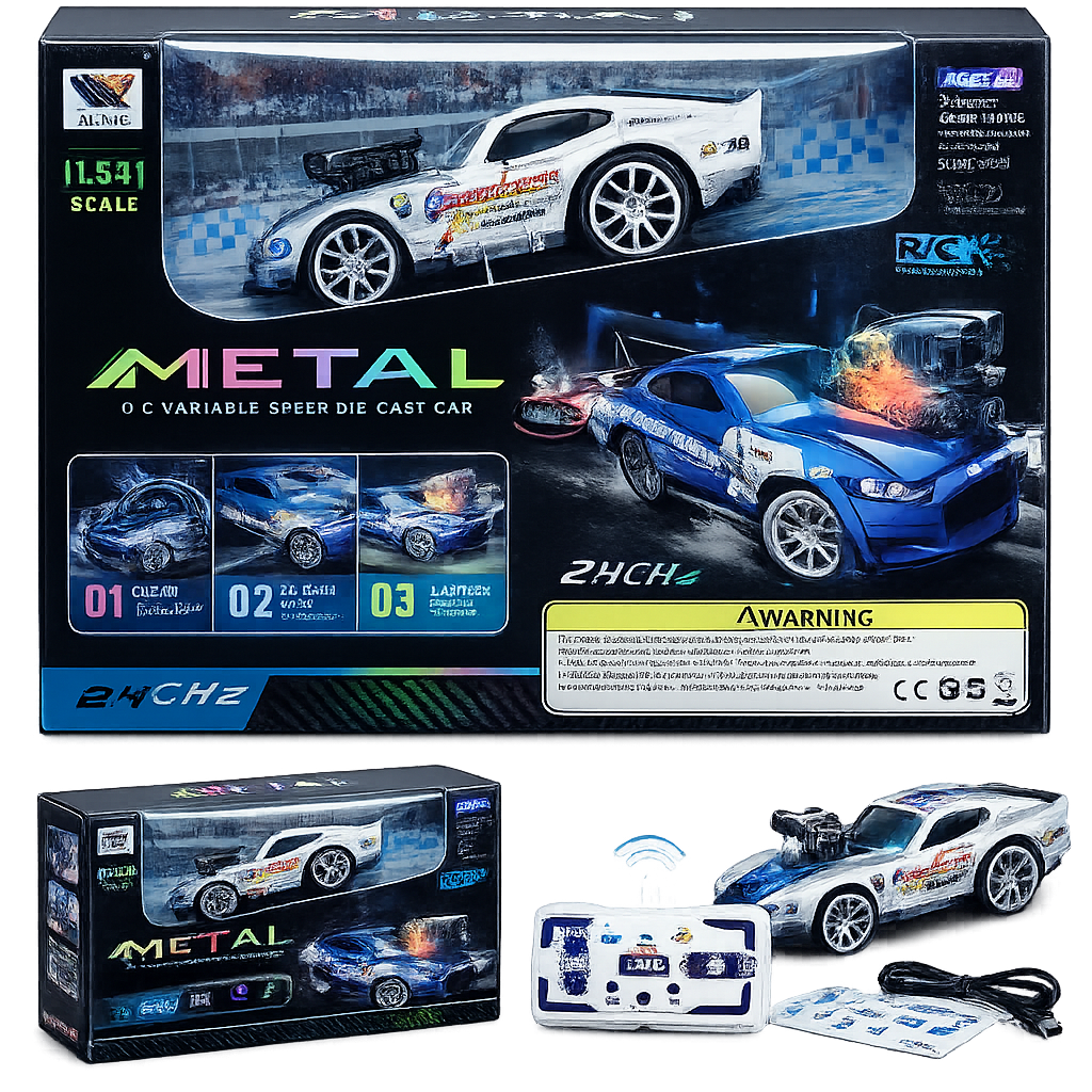 METAL RC Variable Speed Die-Cast Car (1:64 Scale) – 2.4GHz Remote Control Car with Lights & Auto Mode